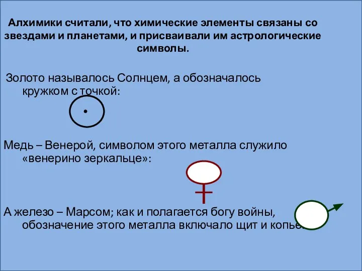 Алхимики считали, что химические элементы связаны со звездами и планетами, и