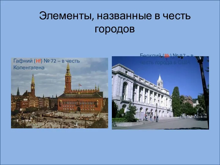 Элементы, названные в честь городов Гафний (Hf) № 72 – в