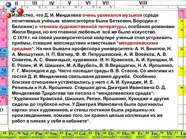 Известно, что Д. И. Менделеев очень увлекался музыкой (среди почитаемых учёным