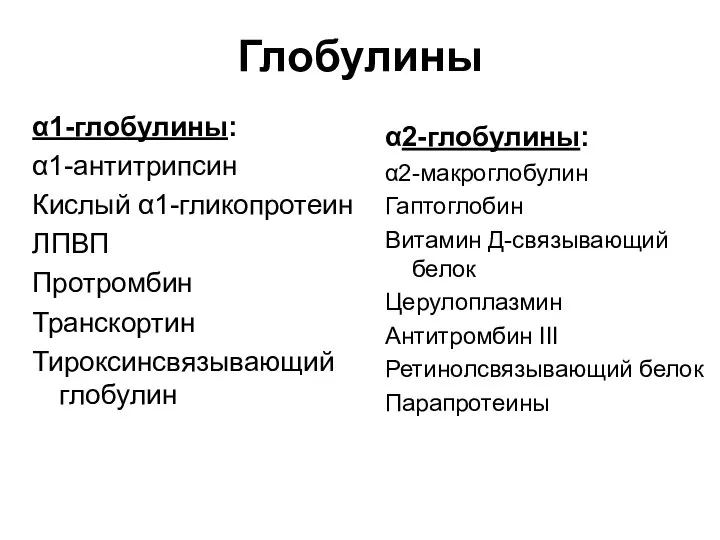 Глобулины α1-глобулины: α1-антитрипсин Кислый α1-гликопротеин ЛПВП Протромбин Транскортин Тироксинсвязывающий глобулин α2-глобулины: