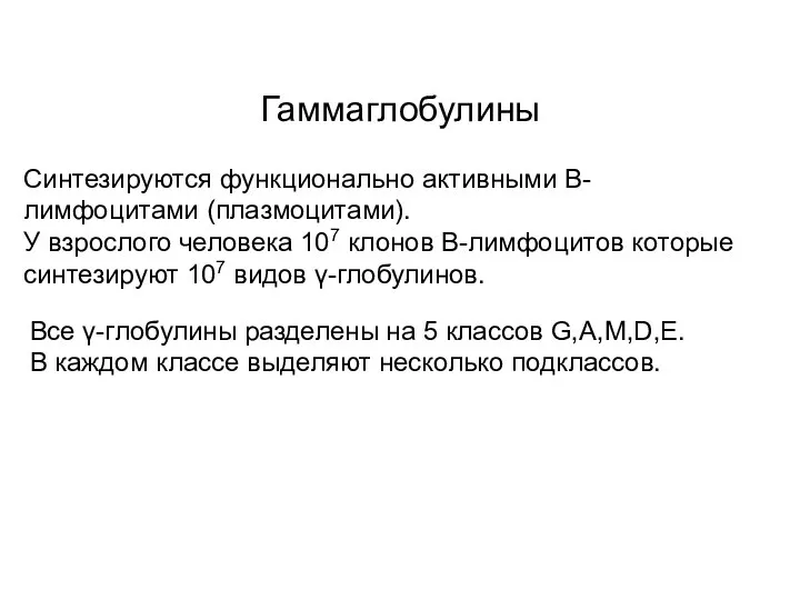 Гаммаглобулины Синтезируются функционально активными В-лимфоцитами (плазмоцитами). У взрослого человека 107 клонов