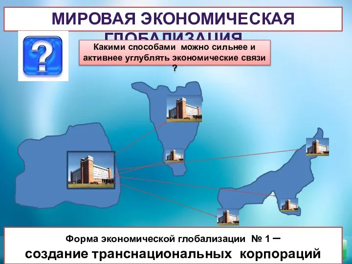 МИРОВАЯ ЭКОНОМИЧЕСКАЯ ГЛОБАЛИЗАЦИЯ Форма экономической глобализации № 1 – создание транснациональных