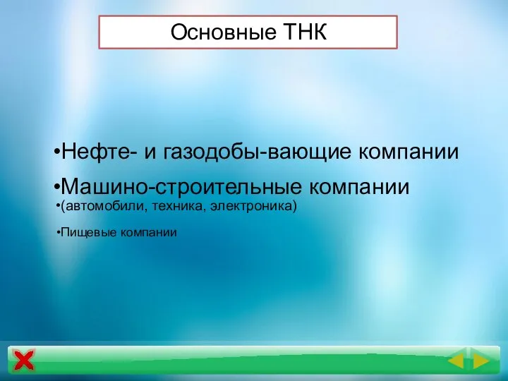 Нефте- и газодобы-вающие компании Машино-строительные компании (автомобили, техника, электроника) Пищевые компании Основные ТНК