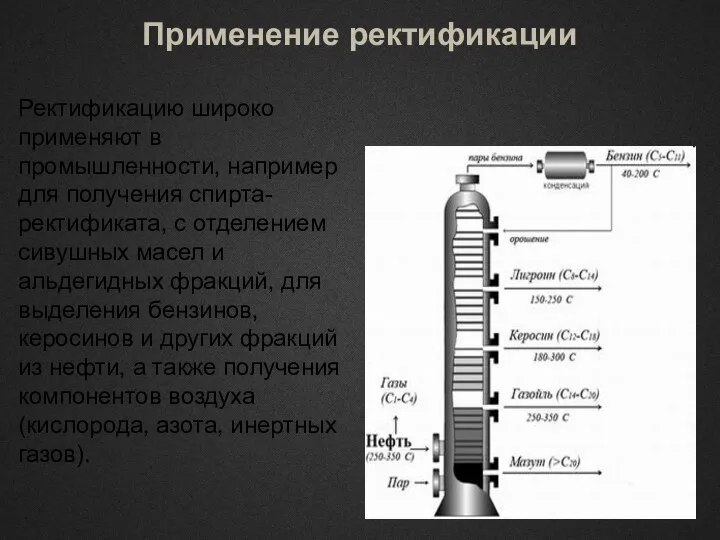 Применение ректификации Ректификацию широко применяют в промышленности, например для получения спирта-ректификата,