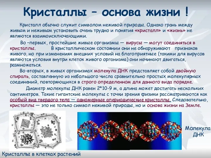 Кристаллы – основа жизни ! Кристалл обычно служит символом неживой природы.