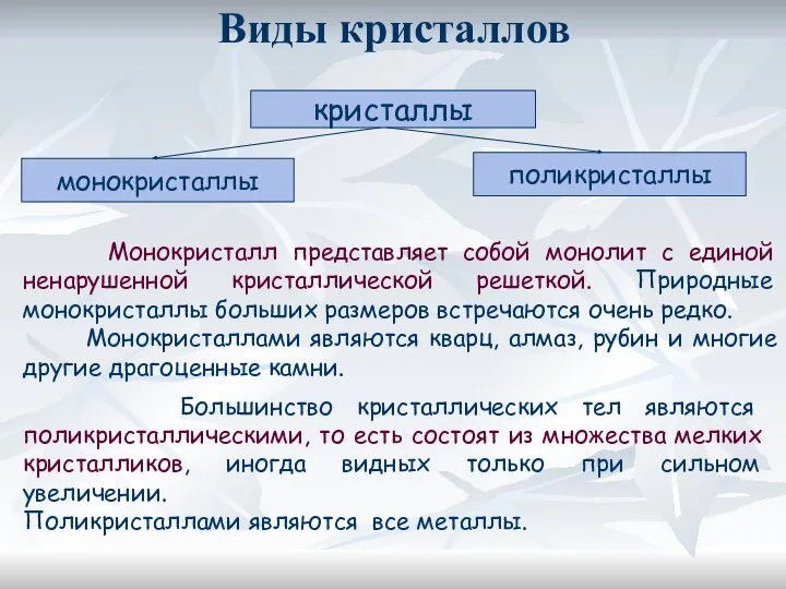 Виды кристаллов кристаллы монокристаллы поликристаллы Монокристалл представляет собой монолит с единой