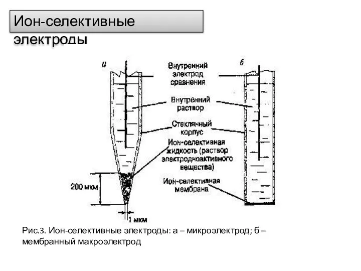 Ион-селективные электроды Рис.3. Ион-селективные электроды: а – микроэлектрод; б – мембранный макроэлектрод