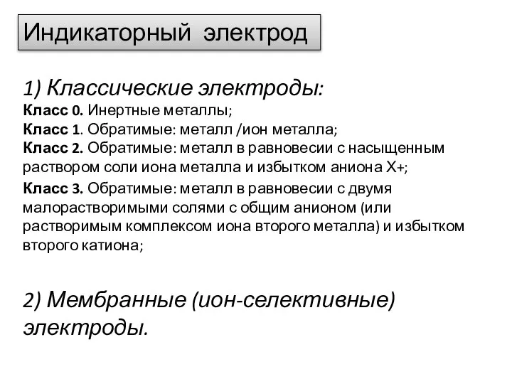 1) Классические электроды: Класс 0. Инертные металлы; Класс 1. Обратимые: металл