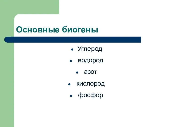 Основные биогены Углерод водород азот кислород фосфор