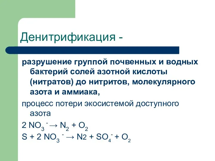 Денитрификация - разрушение группой почвенных и водных бактерий солей азотной кислоты