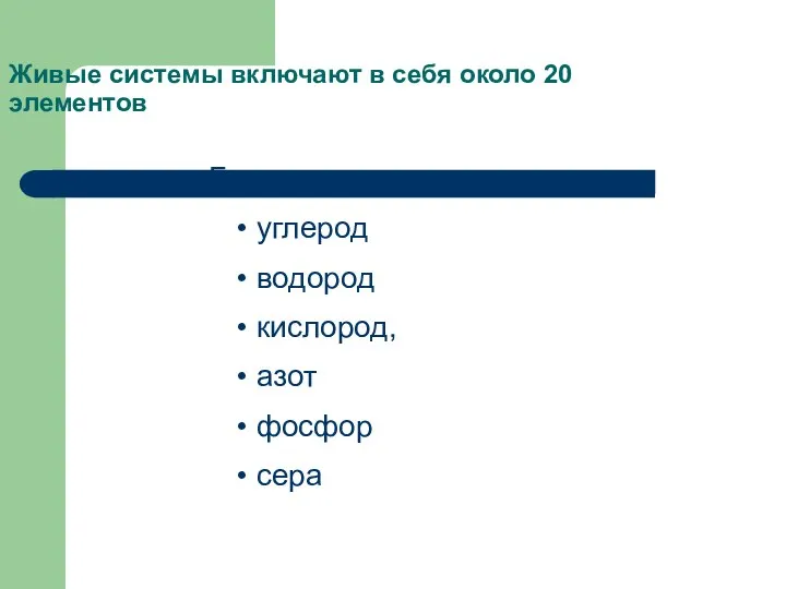 Живые системы включают в себя около 20 элементов Главными из них