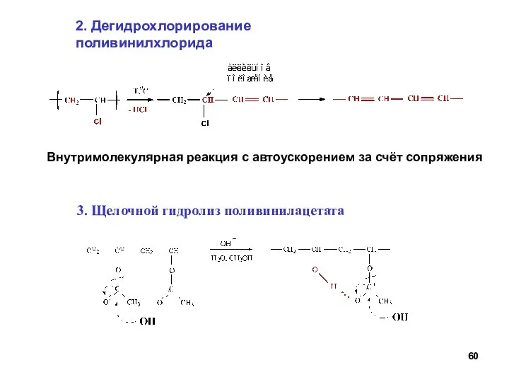 2. Дегидрохлорирование поливинилхлорида Внутримолекулярная реакция с автоускорением за счёт сопряжения 3. Щелочной гидролиз поливинилацетата