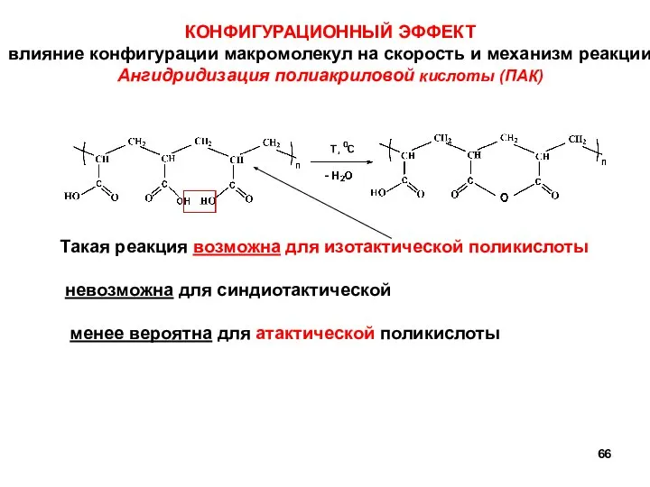 КОНФИГУРАЦИОННЫЙ ЭФФЕКТ влияние конфигурации макромолекул на скорость и механизм реакции Ангидридизация