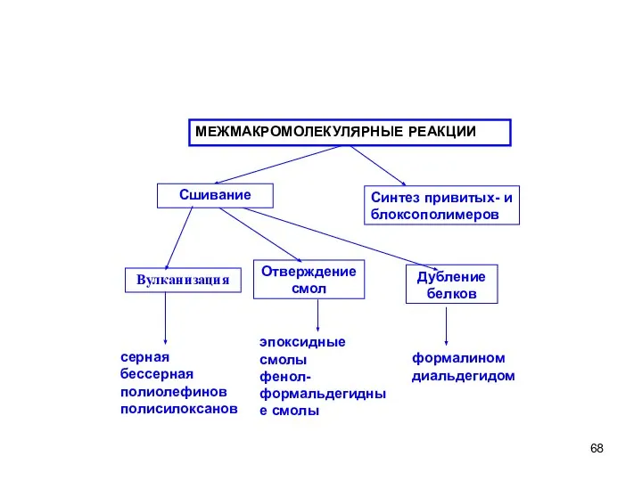 МЕЖМАКРОМОЛЕКУЛЯРНЫЕ РЕАКЦИИ Вулканизация Отверждение смол Дубление белков Синтез привитых- и блоксополимеров