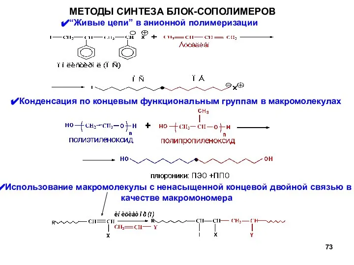 МЕТОДЫ СИНТЕЗА БЛОК-СОПОЛИМЕРОВ “Живые цепи” в анионной полимеризации Конденсация по концевым