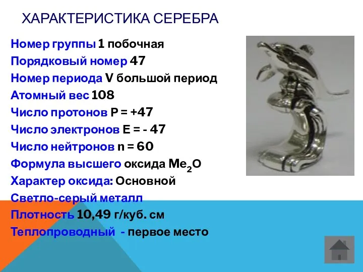 ХАРАКТЕРИСТИКА СЕРЕБРА Номер группы 1 побочная Порядковый номер 47 Номер периода