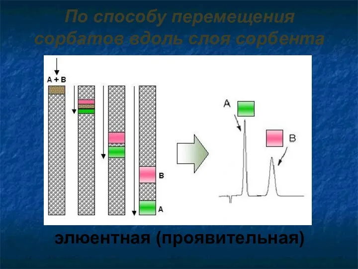 По способу перемещения сорбатов вдоль слоя сорбента элюентная (проявительная)