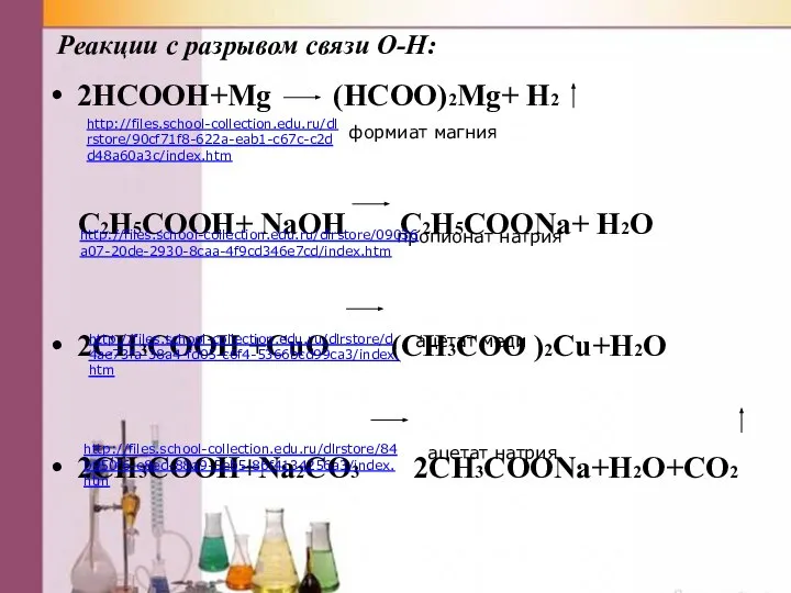 Реакции с разрывом связи O-H: 2HCOOH+Mg (HCOO)2Mg+ H2 C2H5COOH+ NaOH C2H5COONa+