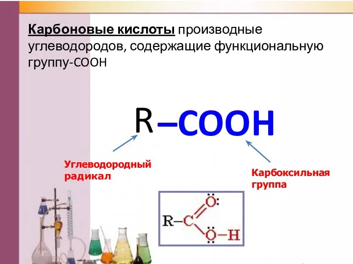 Карбоновые кислоты производные углеводородов, содержащие функциональную группу-COOH –COOH Карбоксильная группа R Углеводородный радикал