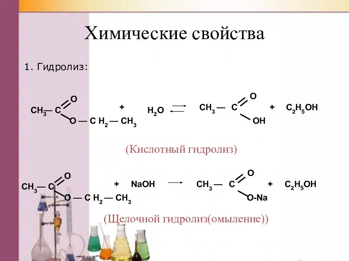 Химические свойства 1. Гидролиз: (Щелочной гидролиз(омыление)) (Кислотный гидролиз)