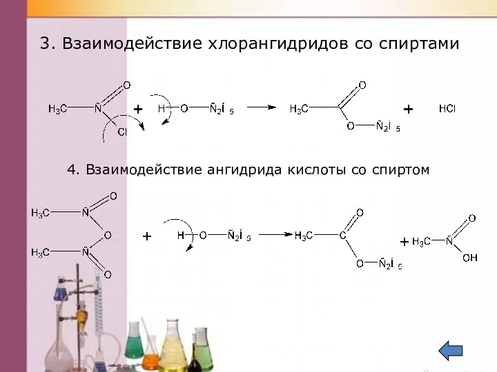 3. Взаимодействие хлорангидридов со спиртами 4. Взаимодействие ангидрида кислоты со спиртом