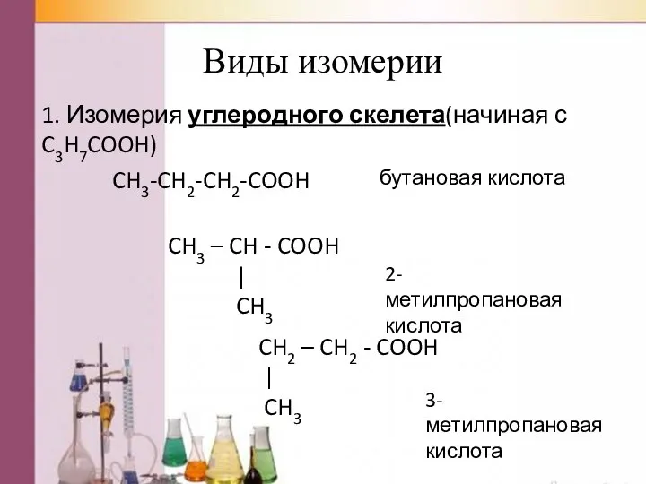 Виды изомерии 1. Изомерия углеродного скелета(начиная с C3H7COOH) CH3-CH2-CH2-COOH CH3 –