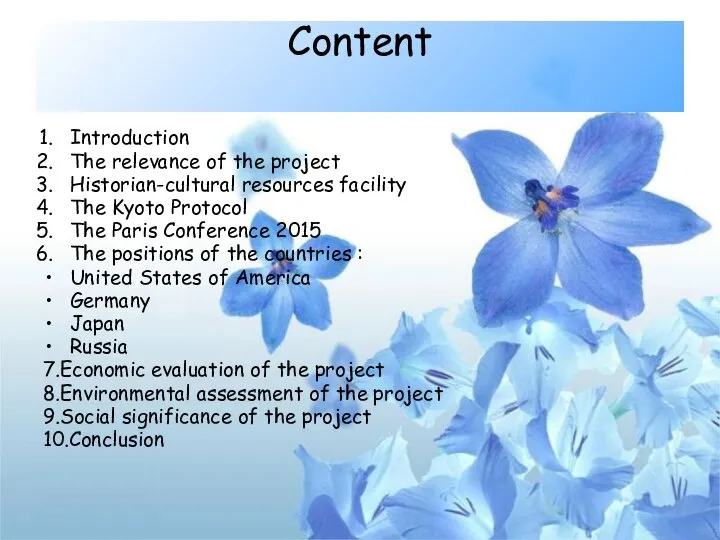 Сontent Introduction The relevance of the project Historian-cultural resources facility The