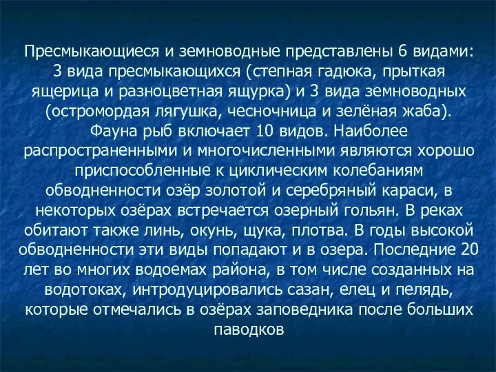 Пресмыкающиеся и земноводные представлены 6 видами: 3 вида пресмыкающихся (степная гадюка,