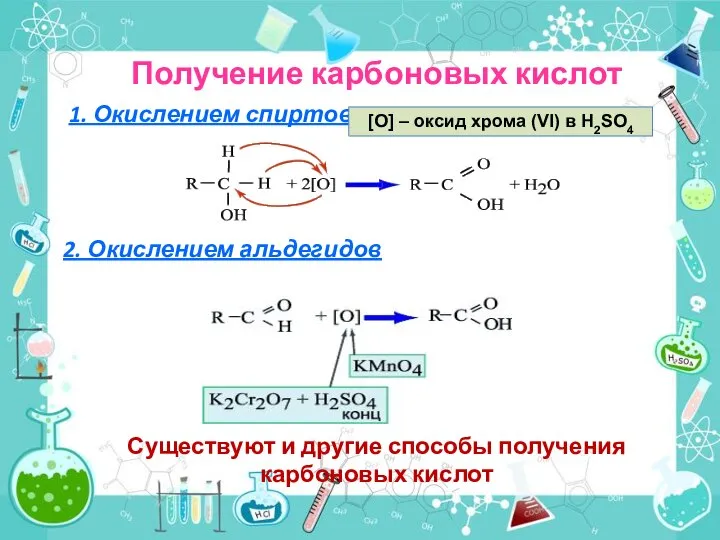 Получение карбоновых кислот 1. Окислением спиртов 2. Окислением альдегидов Существуют и