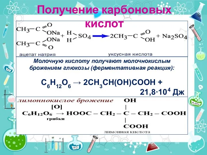 Получение карбоновых кислот Молочную кислоту получают молочнокислым брожением глюкозы (ферментативная реакция):