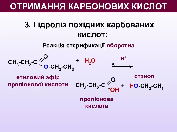 3. Гідроліз похідних карбованих кислот: Реакція етерификації оборотна Н+ + Н2O