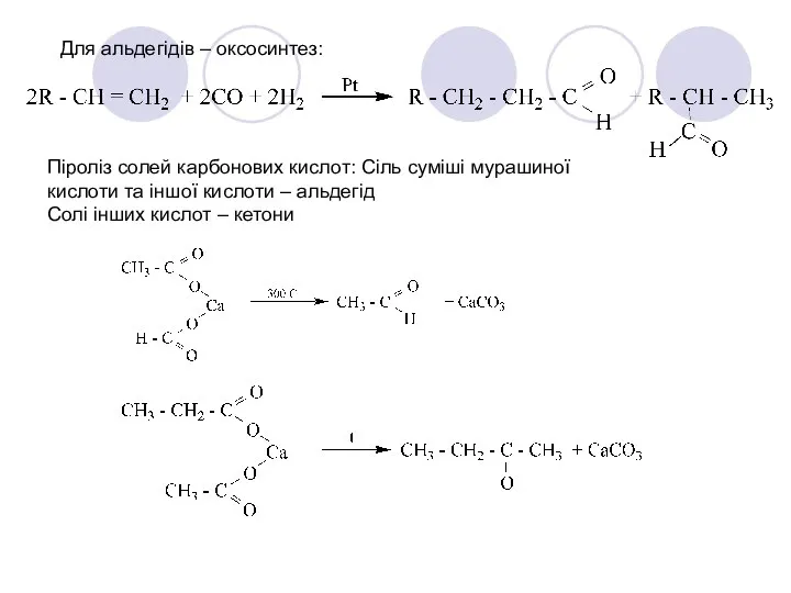 Для альдегідів – оксосинтез: Піроліз солей карбонових кислот: Сіль суміші мурашиної