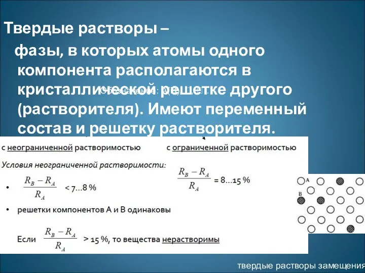 Твердые растворы – фазы, в которых атомы одного компонента располагаются в