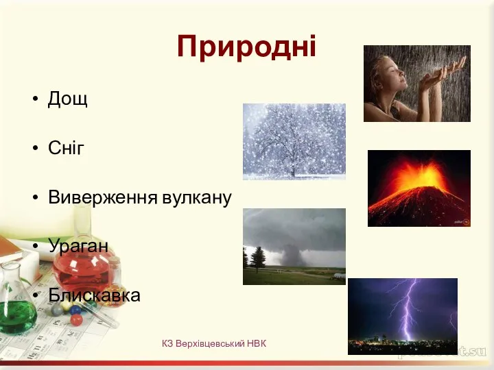 Природні Дощ Сніг Виверження вулкану Ураган Блискавка КЗ Верхівцевський НВК