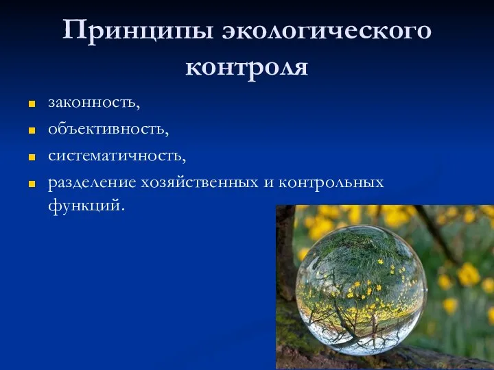 Принципы экологического контроля законность, объективность, систематичность, разделение хозяйственных и контрольных функций.