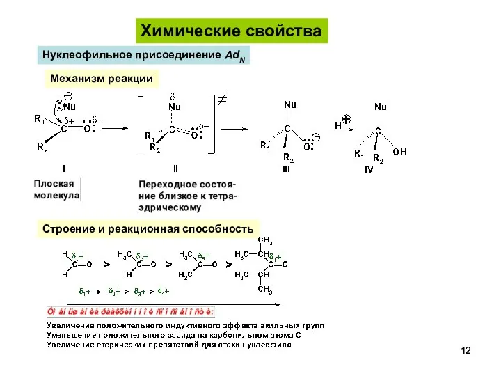 Химические свойства Нуклеофильное присоединение AdN Строение и реакционная способность Механизм реакции