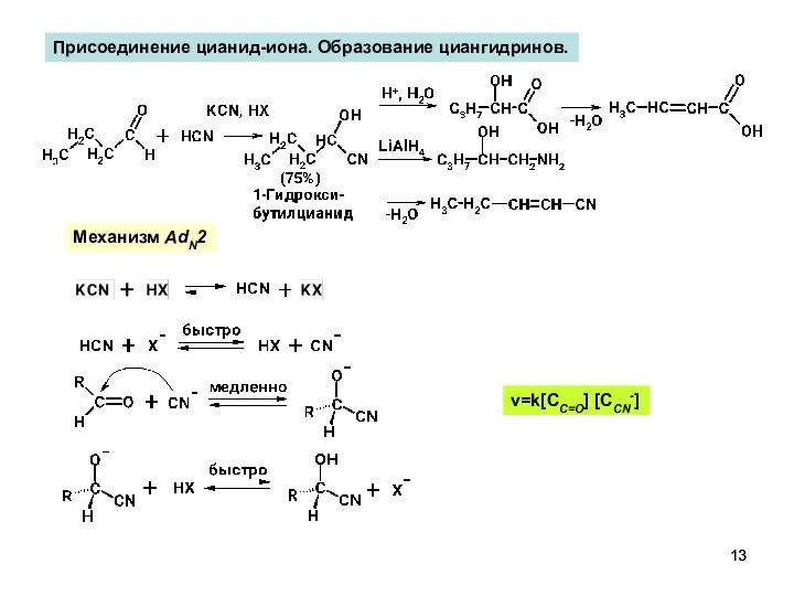 Присоединение цианид-иона. Образование циангидринов. Механизм AdN2 v=k[CC=O] [CСN-]