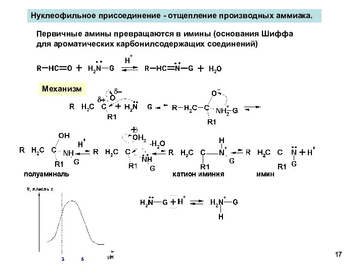 Нуклеофильное присоединение - отщепление производных аммиака. Первичные амины превращаются в имины