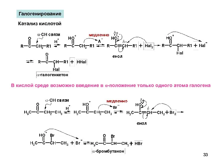 Галогенирование Катализ кислотой В кислой среде возможно введение в α-положение только одного атома галогена