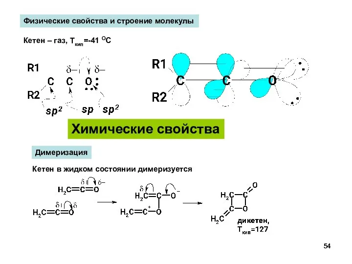 Химические свойства Физические свойства и строение молекулы Кетен – газ, Ткип=-41