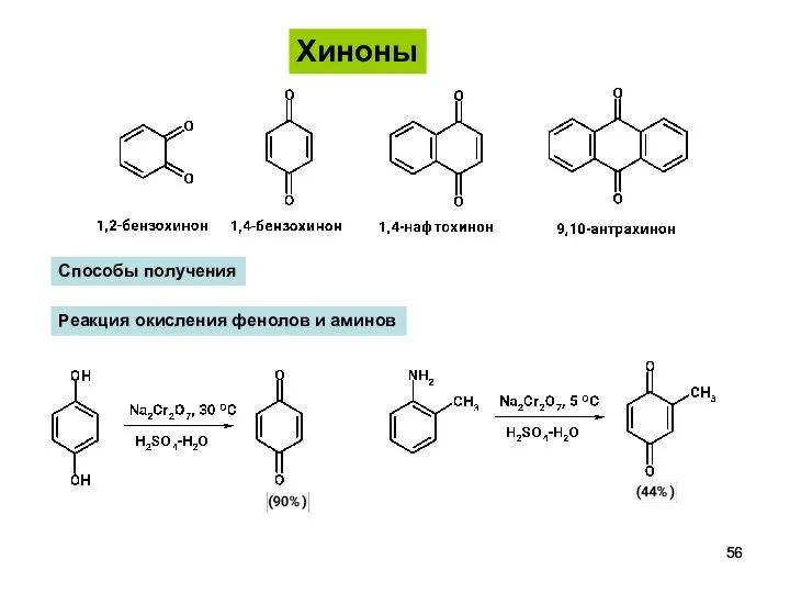 Хиноны Способы получения Реакция окисления фенолов и аминов