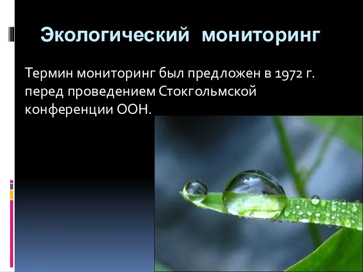 Экологический мониторинг Термин мониторинг был предложен в 1972 г. перед проведением Сток­гольмской конференции ООН.