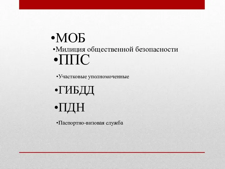 МОБ Милиция общественной безопасности ППС Участковые уполномоченные ГИБДД ПДН Паспортно-визовая служба