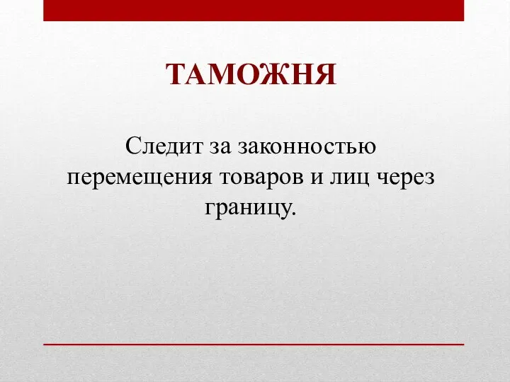 ТАМОЖНЯ Следит за законностью перемещения товаров и лиц через границу.