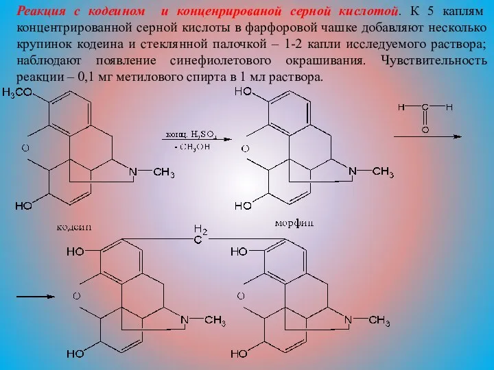 Реакция с кодеином и конценрированой серной кислотой. К 5 каплям концентрированной