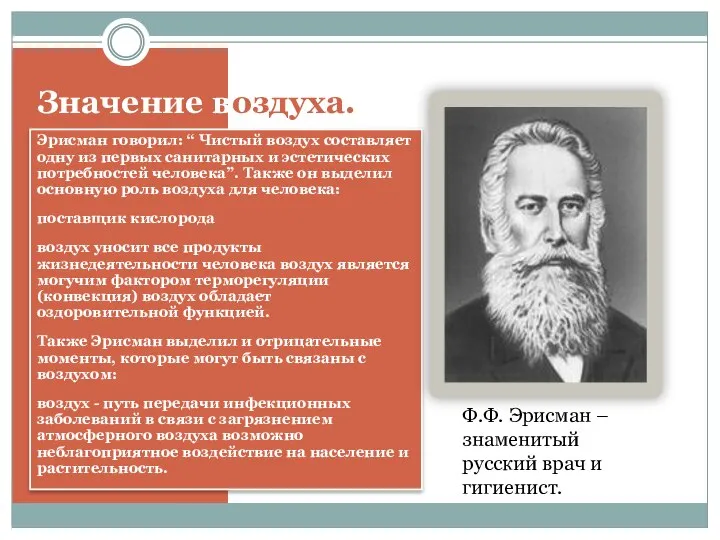 Значение воздуха. Эрисман говорил: “ Чистый воздух составляет одну из первых