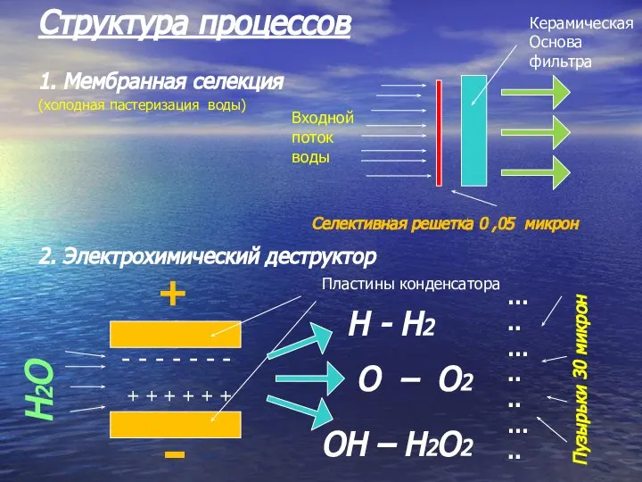 Структура процессов 1. Мембранная селекция (холодная пастеризация воды) 2. Электрохимический деструктор