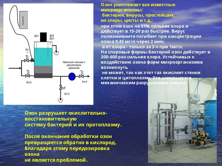 Озон уничтожает все известные микроорганизмы: бактерии, вирусы, простейших, их споры, цисты