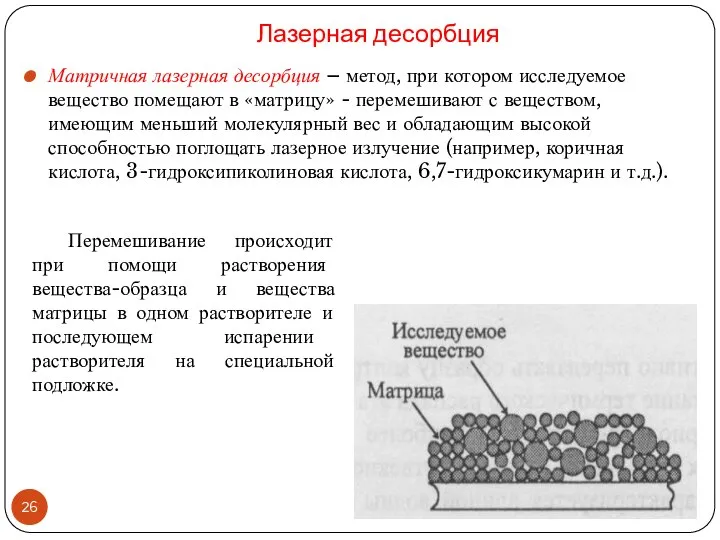 Лазерная десорбция Матричная лазерная десорбция – метод, при котором исследуемое вещество