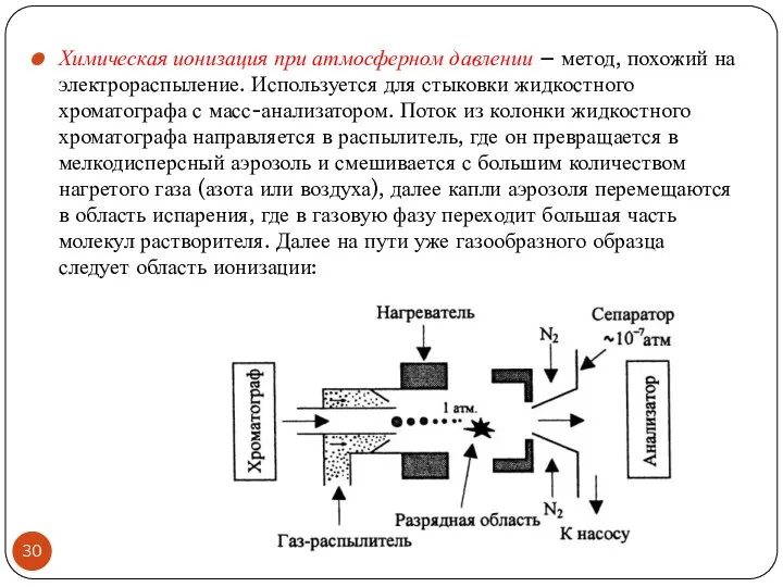 Химическая ионизация при атмосферном давлении – метод, похожий на электрораспыление. Используется